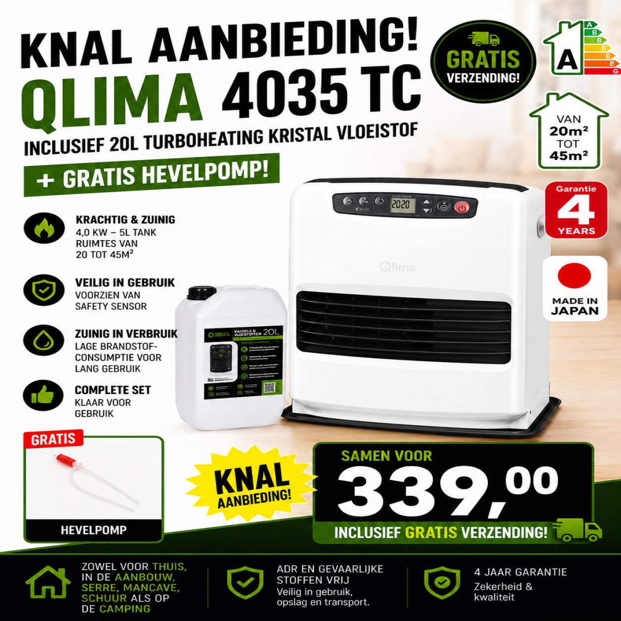 Qlima 4035 TC met 20L vloeistof en hevelpomp aanbieding